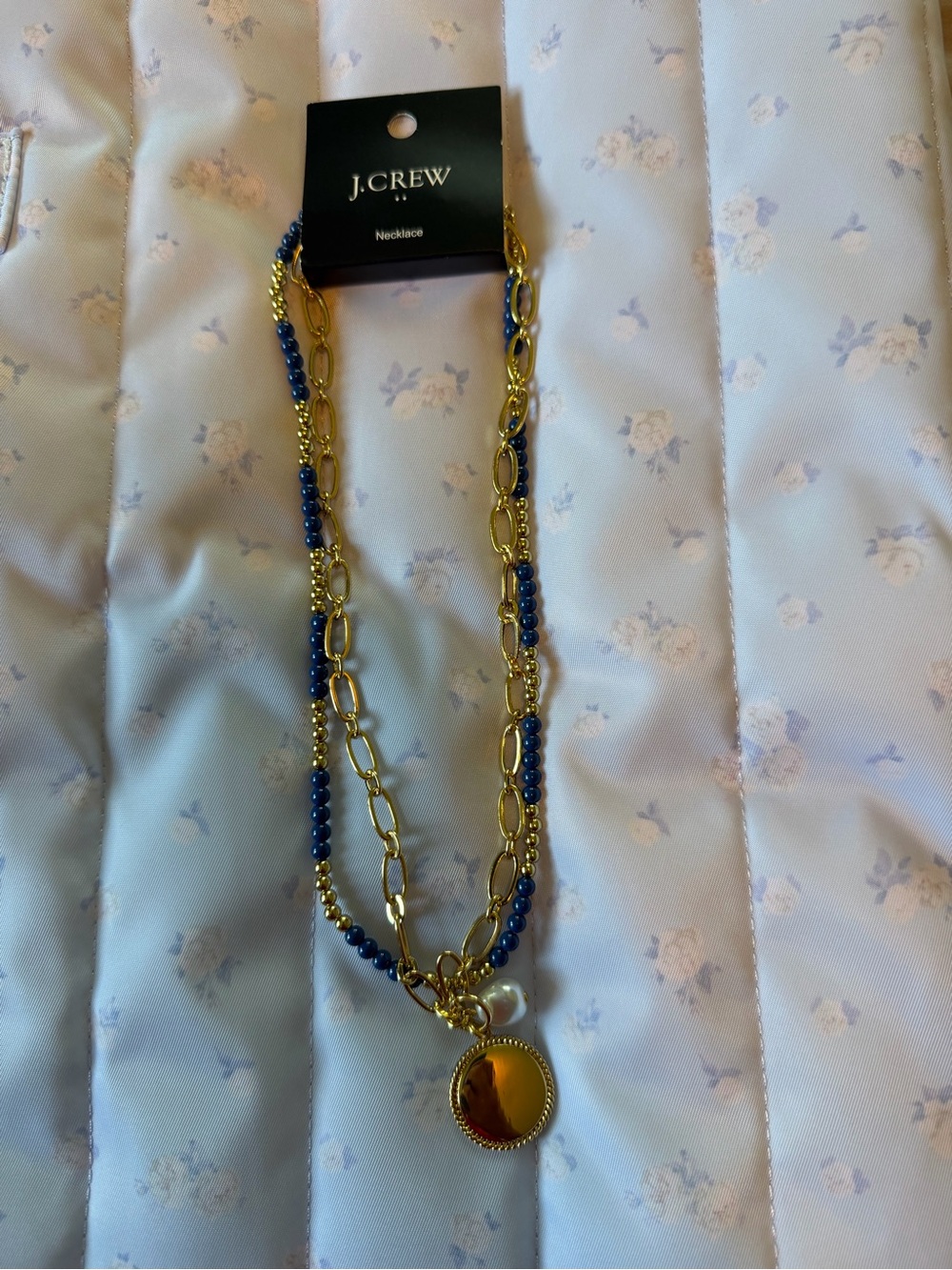 J. Crew Navy Bead and Gold-Tone Pendant Necklace